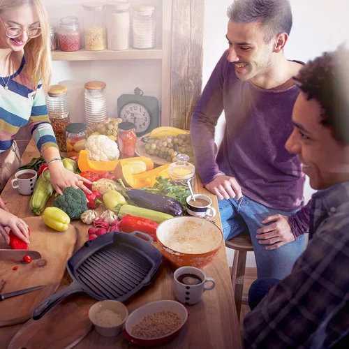 Miniatura 6 de Cuisinel - Sartén de hierro fundido cuadrada para parrilla + tapa de vidrio + raspador de sartén + cubierta de mango - Sartén con nervaduras