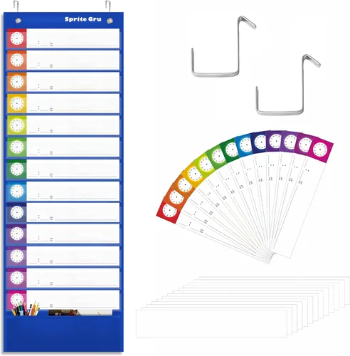 Miniatura 7 de Tabla de bolsillo para horario diario, tablas de aula con 13+1 bolsillos, 13 tarjetas de colores reutilizables de doble cara, 13 en blanco y 2