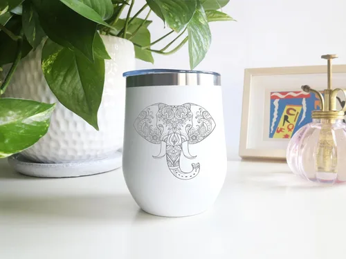 Miniatura 3 de CM - Vaso de vino con doble aislamiento y tapa de 12 onzas, copa de vino sin tallo grabada con elefante de acero inoxidable con recubrimiento