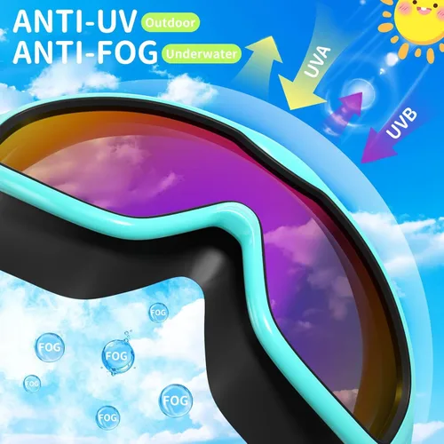Miniatura 3 de Paquete de 2 gafas de natación para niños, sin fugas, antivaho, anti-UV, para niños y niñas de 4 a 14 años Espejo verde y espejo negro
