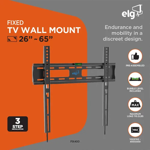 Miniatura 2 de ELG FIX400 Soporte fijo de pared para TV – Soporte delgado de perfil bajo de 26 a 65 pulgadas, soporta 110 libras, VESA 400 × 400, bloqueo