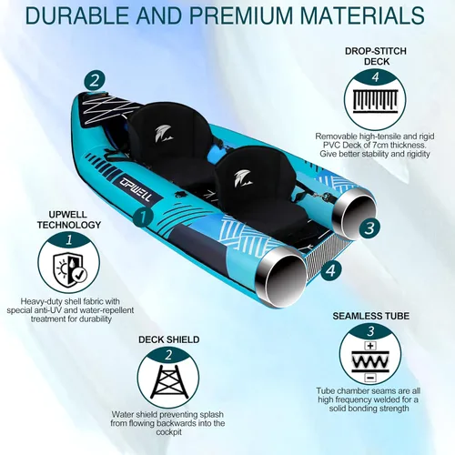 Miniatura 3 de UPWELL Kayak recreativo inflable de 13'6"/11' – 2 personas con piso de punto de caída y accesorios, incluyendo asientos de kayak con soporte