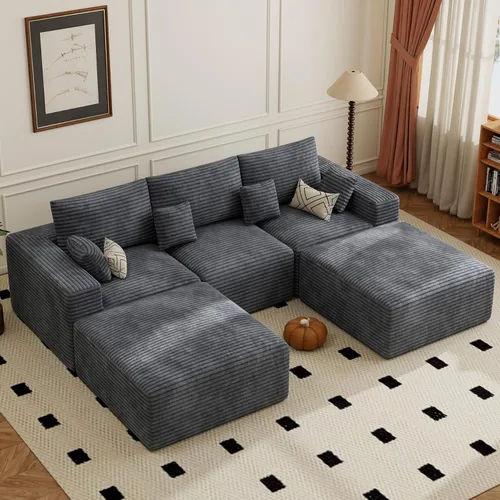 Miniatura 39 de Sofá cama seccional modular de 113", sofás de nube convertibles para sala de estar con otomana, juego de sofá cama de pana sin estructura de 6 Gris