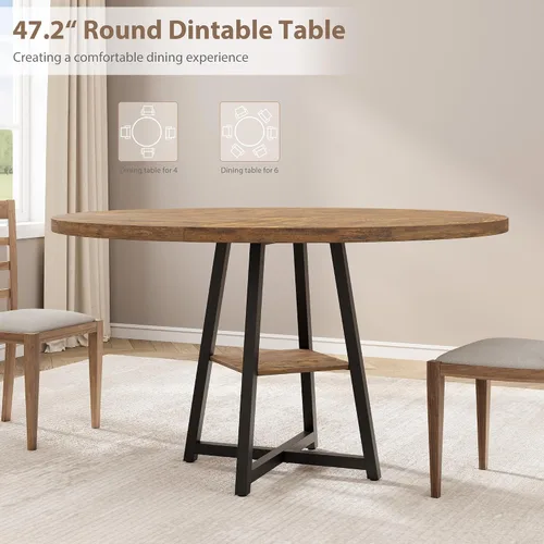 Miniatura 6 de Garvee Mesa de comedor redonda de 47.2 pulgadas para 4-6 personas, mesa de cocina redonda industrial con base de pedestal de metal resistente