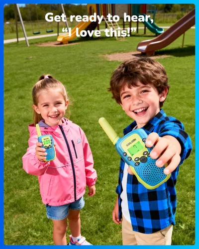 Miniatura 9 de SANJOIN Paquete de 2 walkie talkies para niños, juguetes para niños de 3 a 12 años, juegos al aire libre, walkie talkie de rango de 3 millas