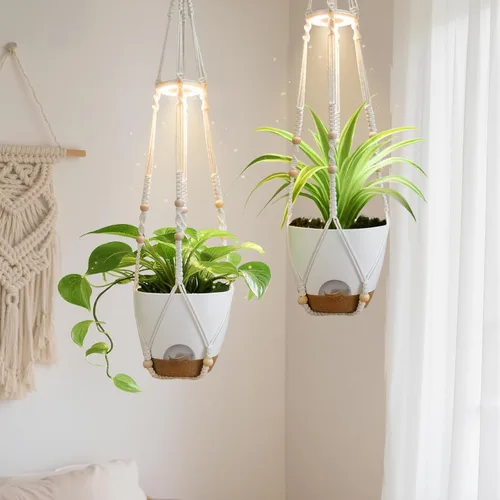 Macetas colgantes para plantas de interior: paquete de 2 perchas de macramé con luces de cultivo y macetas de riego automático, macetas colgantes