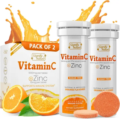 SIGNIFY NATURE Comprimidos efervescentes de vitamina C de 1000 mg - Potente apoyo inmunológico VIT C con suplemento de zinc - Fórmula vegana y sin