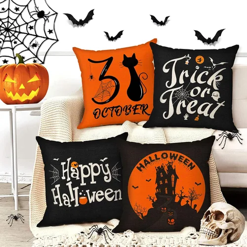 Miniatura 3 de Juego de 4 fundas de almohada de Halloween de 18 x 18 pulgadas, funda de almohada de lino suave con castillo de gato negro, decoración rústica
