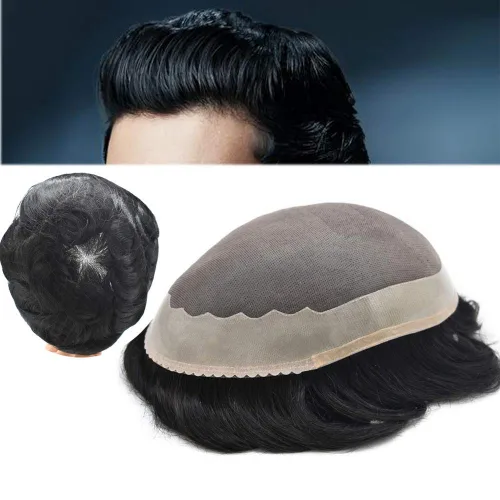 LYRICAL HAIR Toupee - Peluca de cabello humano negro para hombre, monofilamento fino, monofilamento de piel polivinílica alrededor de los sistemas