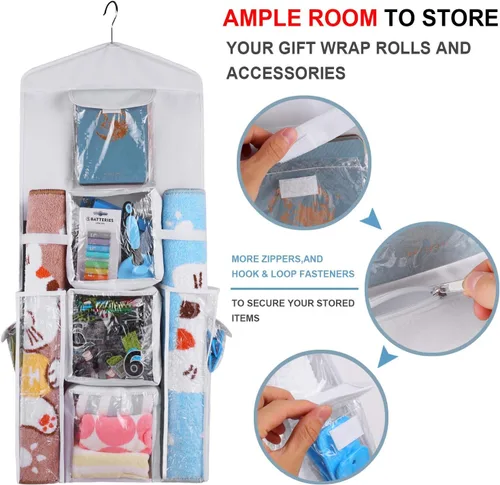 Miniatura 3 de Organizador de bolsas de papel de regalo colgante, doble cara para colgar puerta y armario, cinta de almacenamiento versátil, lazos para juguetes