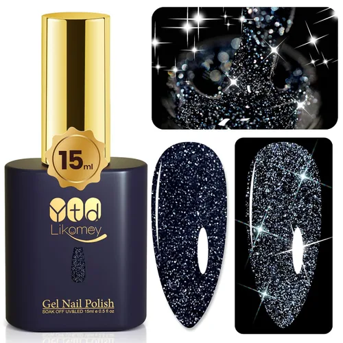 YTD Likomey - Esmalte de uñas de gel con purpurina reflectante, 0.5 fl oz (15 ml), color negro con destellos de diamante, tono azul oscuro,