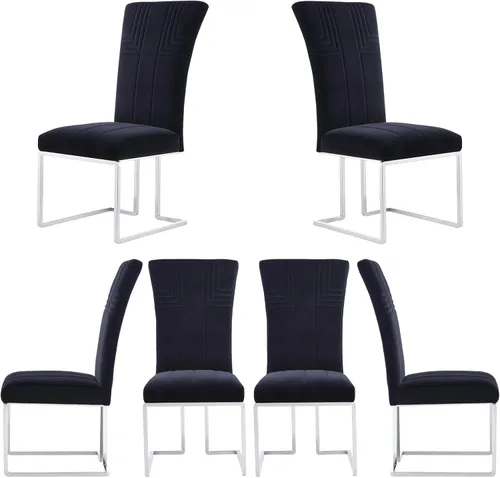 Miniatura 19 de AUZ Juego de 6 sillas de comedor negras y doradas, sillas tapizadas de terciopelo negro con patas de trineo de acero inoxidable pulido, sillas