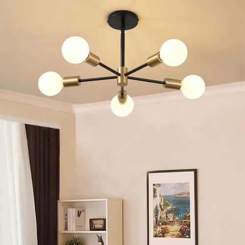 RUIYEY Lámpara Sputnik Moderna, Lámpara de Techo Semiempotrada Negra y Dorada, Candelabros de Mediados de Siglo para Dormitorio, Comedor, Isla de