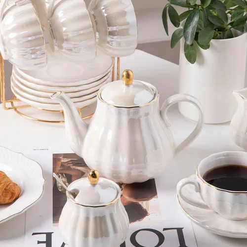 Miniatura 5 de Sweejar Juegos de té de porcelana de la serie British Royal, tazas y platillo de 8 onzas para 6, con tetera, azucarero, jarra de crema, cucharaditas
