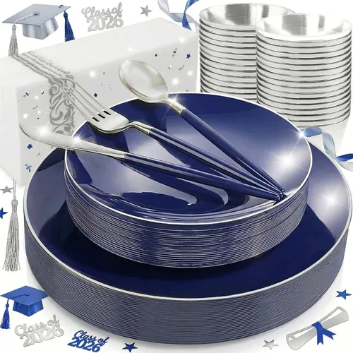 KIRE 175 platos de plástico azul con borde plateado y cubiertos desechables con mango azul y tazas de borde plateado, servilleta de mano y vajilla