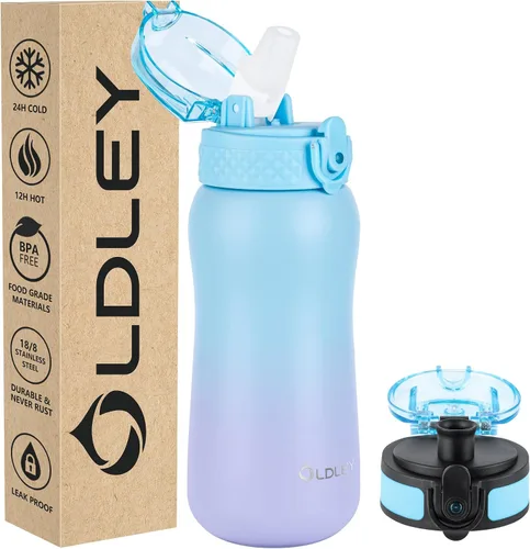 Miniatura 12 de Botella de agua aislada Oldley de 12 oz con pajita, botella de agua de acero inoxidable con 2 tapas, botellas de doble pared con vacío para adultos