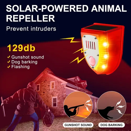 Miniatura 3 de Qualirey Detector de movimiento de alarma solar con sensor de movimiento al aire libre de 129 db, luz estroboscópica para perro, detector de alarma