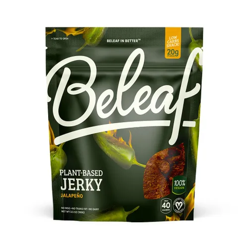 Beleaf Jerky a base de plantas de jalapeño: aperitivo alto en proteínas, cecina vegana saludable y sabrosa para energía sobre la marcha, sabrosa