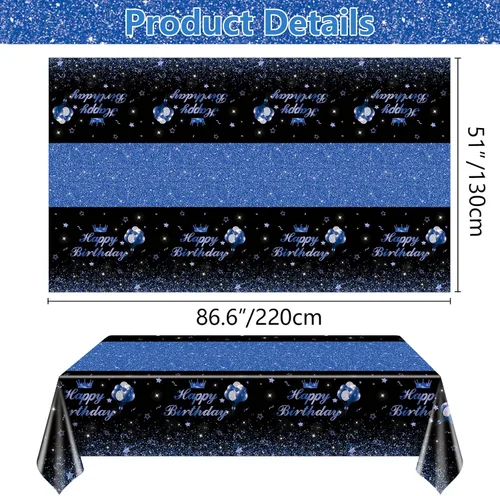 Miniatura 2 de 4 Pcs Happy Birthday Black and Blue Party Tablecloths - Blue Black Party Decorations Plastic Tablecloth Rectangular Table Covers for Boy Girl Baby