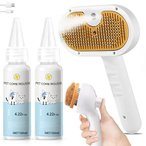 Miniatura 16 de Juego de cepillos de vapor para mascotas 3 en 1 para perros y gatos, peine de aseo con aerosol, herramienta de desfurado, depilación asistida por