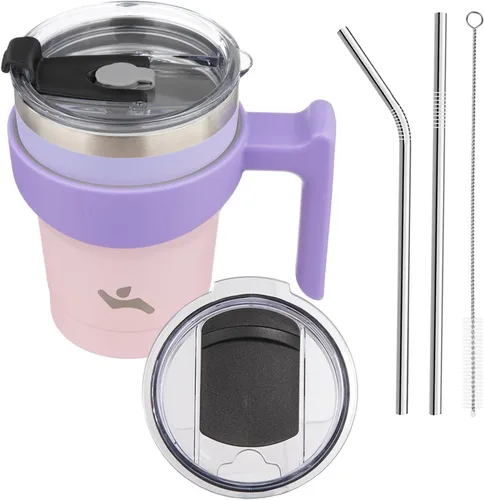 Miniatura 8 de Konokyo - Vaso de 10 onzas con asa y 2 popotes, 2 tapas, botella de agua aislada de acero inoxidable, taza de viaje reutilizable, color verde militar