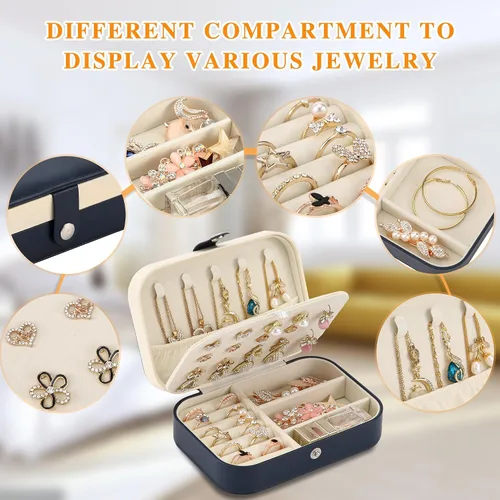Miniatura 4 de Joyero de viaje, organizador de joyas pequeño de piel sintética para mujeres y niñas, mini estuche de viaje portátil de doble capa para guardar