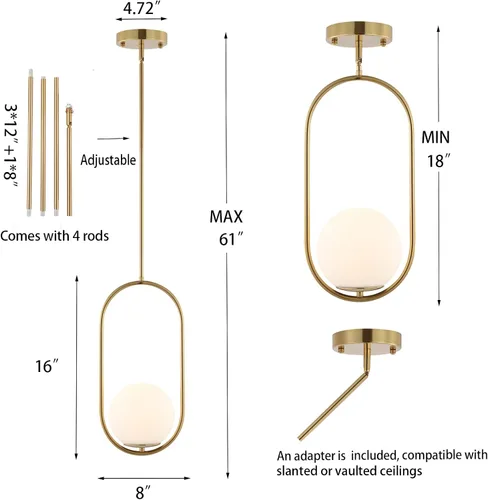 Miniatura 4 de BYOLIIMA Lámpara Colgante Moderna de Globo Níquel Cepillado Candelabro 1-Luz Mediados de Siglo Luminaria Colgante de Techo Pantallas de Vidrio