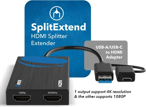 Miniatura 10 de OREI SplitExtend - Divisor HDMI extendido para monitor doble, pantalla de varios monitores, 3 pantallas separadas, adaptador USB A y USB-C a HDMI