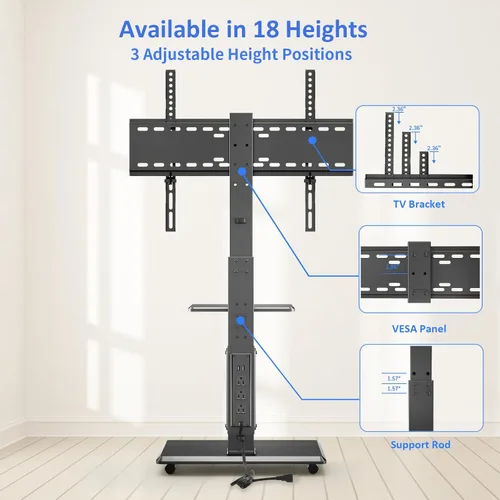 Miniatura 5 de Soporte de TV móvil con ruedas y toma de corriente, carrito de TV para televisores de 32 a 75 pulgadas hasta 110 libras, 18 alturas ajustables, Max