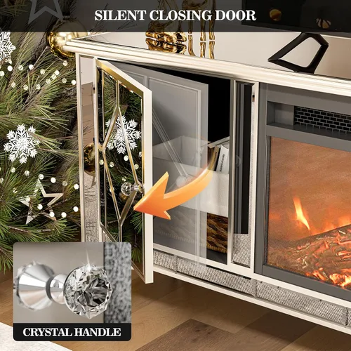 Miniatura 5 de IKIFLY Soporte de TV con espejo con chimenea para TV de más de 75 pulgadas, centro de entretenimiento con chimenea eléctrica plateada con 7