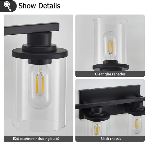 Miniatura 4 de 6 Luces de Tocador de Baño de Negro Mate con Vidrio Transparente y Base de Metal, Luces de Tocador Negras para Baño Sobre Espejo