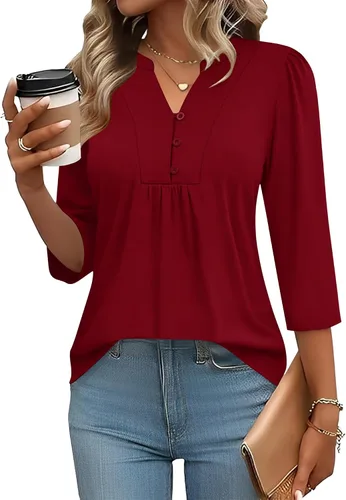 Miniatura 8 de IECCP Blusas de verano de manga 3/4 para mujer, estilo casual, cuello Henley, cuello en V, plisadas, ajuste holgado, blusas de trabajo