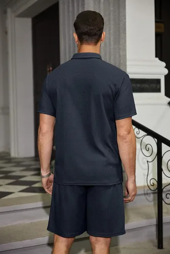 Miniatura 4 de COOFANDY - Conjunto de polo y pantalones cortos de punto acanalado para hombre, 2 piezas, atuendo de verano, traje casual deportivo con bolsillos