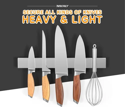 Miniatura 3 de Ninonly - Porta cuchillos magnético de 10 pulgadas para refrigerador, tira magnética de doble cara de acero inoxidable para pared, estante magnético