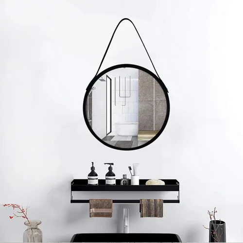 Miniatura 4 de Espejo colgante redondo negro de 11.8 pulgadas, espejo de granja con cuerda de cuero para colgar en el baño, dormitorio, sala de estar, entrada