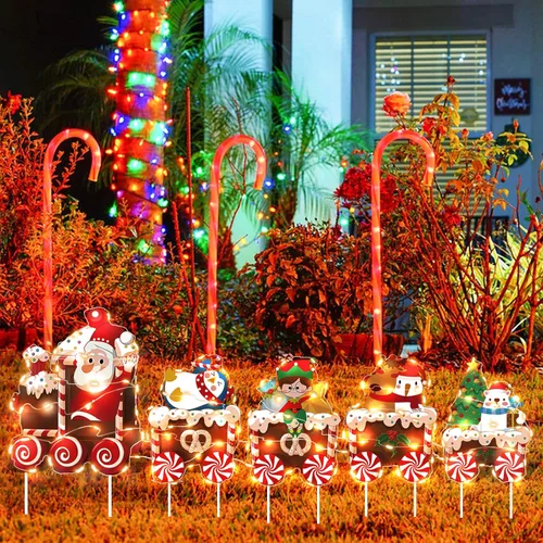 Miniatura 7 de Decoraciones de Tren de Navidad para Patio con Luces LED - Juego de Árbol de Navidad, Muñeco de Nieve y Tren para Patio con Estacas