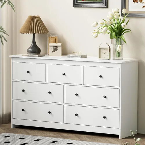 Tradare Cómoda blanca de 7 cajones para dormitorio, cómoda de madera de 55 pulgadas de ancho con asas de metal, organizador moderno y grande para