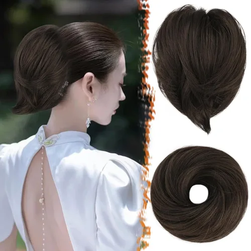 Miniatura 9 de BARSDAR Extensión de cola de caballo y moño de pelo de cobre, extensiones de moño corto sintético liso elástico para mujer, moños desordenados