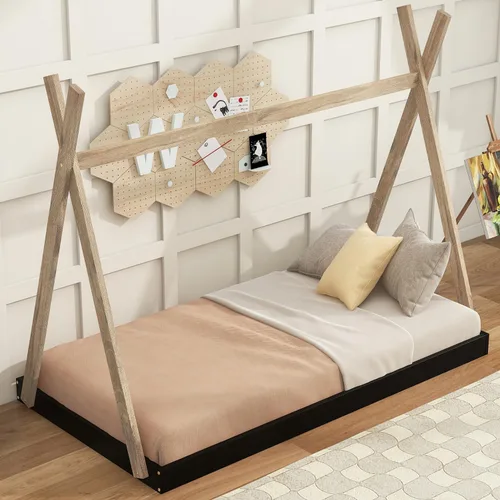 Miniatura 6 de Cama de madera con dosel de casa de tamaño individual con valla triangular, base de cama individual para dormitorio, niños, niñas, adolescentes