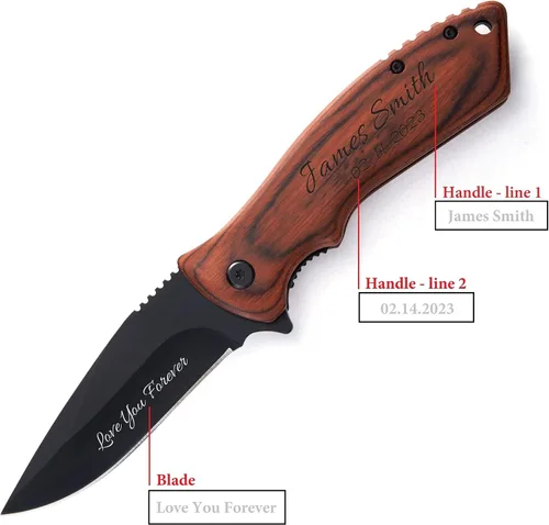 Miniatura 7 de Cuchillo plegable de bolsillo personalizado grabado con caja de madera para novio, marido, papá, hijo, cuchillo de caza de pesca único para hombres