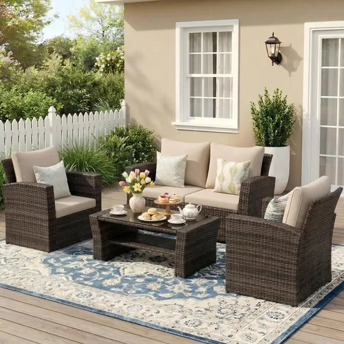 Miniatura 13 de Wisteria Lane Juego de muebles de patio de 4 piezas, juego de muebles de mimbre para conversación de patio al aire libre, sofá de patio al aire