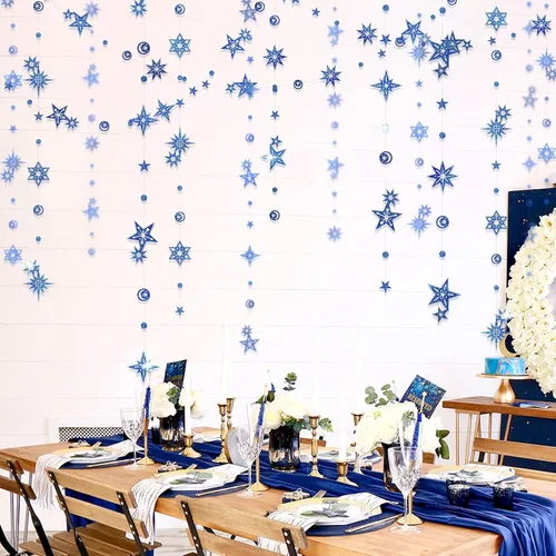 Miniatura 5 de Cheerland Guirnalda de Purpurina de Estrella y Luna Azul Decoraciones de Fiesta País de las Maravillas Invernal Baby Shower Serpentinas al Aire