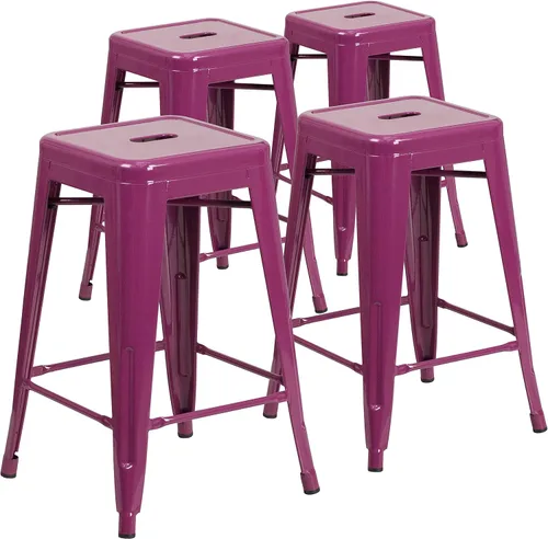 Miniatura 32 de Taburete de 24 pulgadas de alto para interior y exterior con asiento cuadrado., Metal, Negro