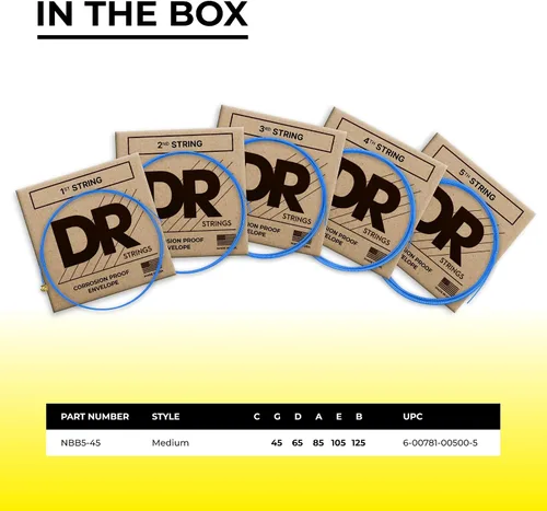 Miniatura 4 de DR Strings NBB5-45 Cuerdas de bajo de 5 cuerdas de color azul neón de alta definición, medianas, 45-125