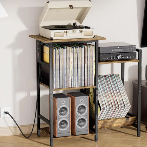 Miniatura 8 de HYPIGO Soporte para tocadiscos con tomas de corriente, soporte para tocadiscos con almacenamiento de discos de vinilo con capacidad para más de 300
