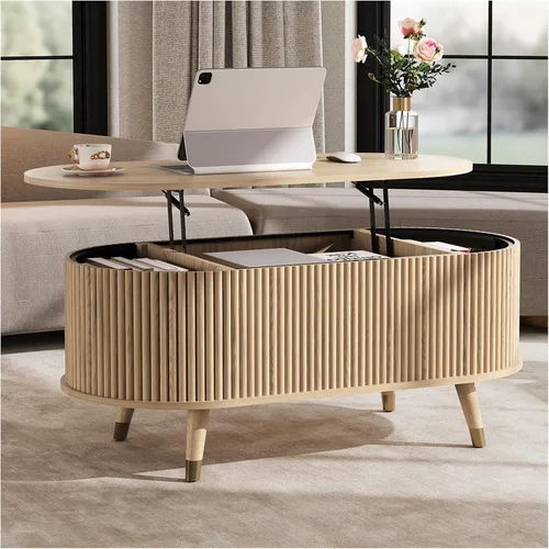 Miniatura 11 de SULIVES Mesa auxiliar ovalada con almacenamiento, mesa de centro multifuncional con tambor elevable, pequeña mesa central acanalada para sala