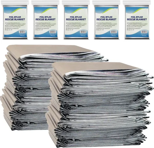 NOVAMEDIC Mantas térmicas de aluminio de Mylar de emergencia, paquete de 200, 84 x 52 pulgadas, envueltas individualmente, manta de supervivencia