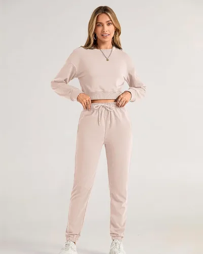 Miniatura 57 de BTFBM Conjunto deportivo de 2 piezas para mujer, camiseta corta de manga larga, sin botones, pantalón con cordón ajustable, pantalones deportivos