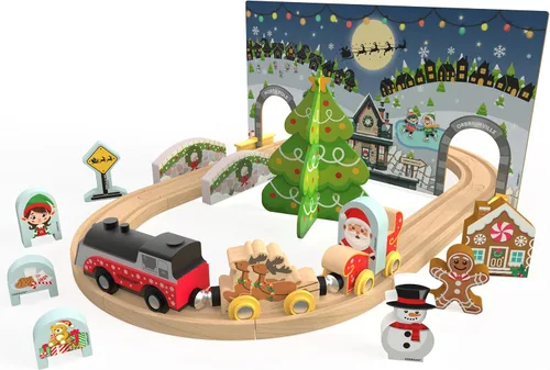 Miniatura 2 de Juego de Tren de Navidad de Madera Operado por Batería Motor Motorizado con Luz Trineo de Papá Noel Reno Pan de Jengibre Elfo Árbol de Navidad