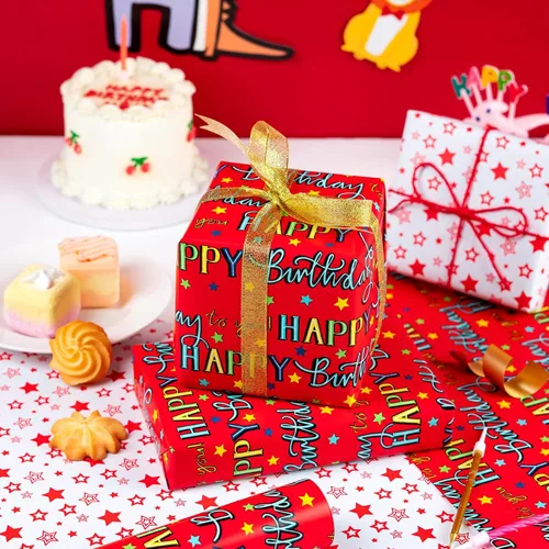 Miniatura 4 de WRAPAHOLIC - Papel de regalo reversible para cumpleaños - Mini rollo - 17 pulgadas X 33 pies - Diseño de letras "Feliz cumpleaños a ti" en rojo